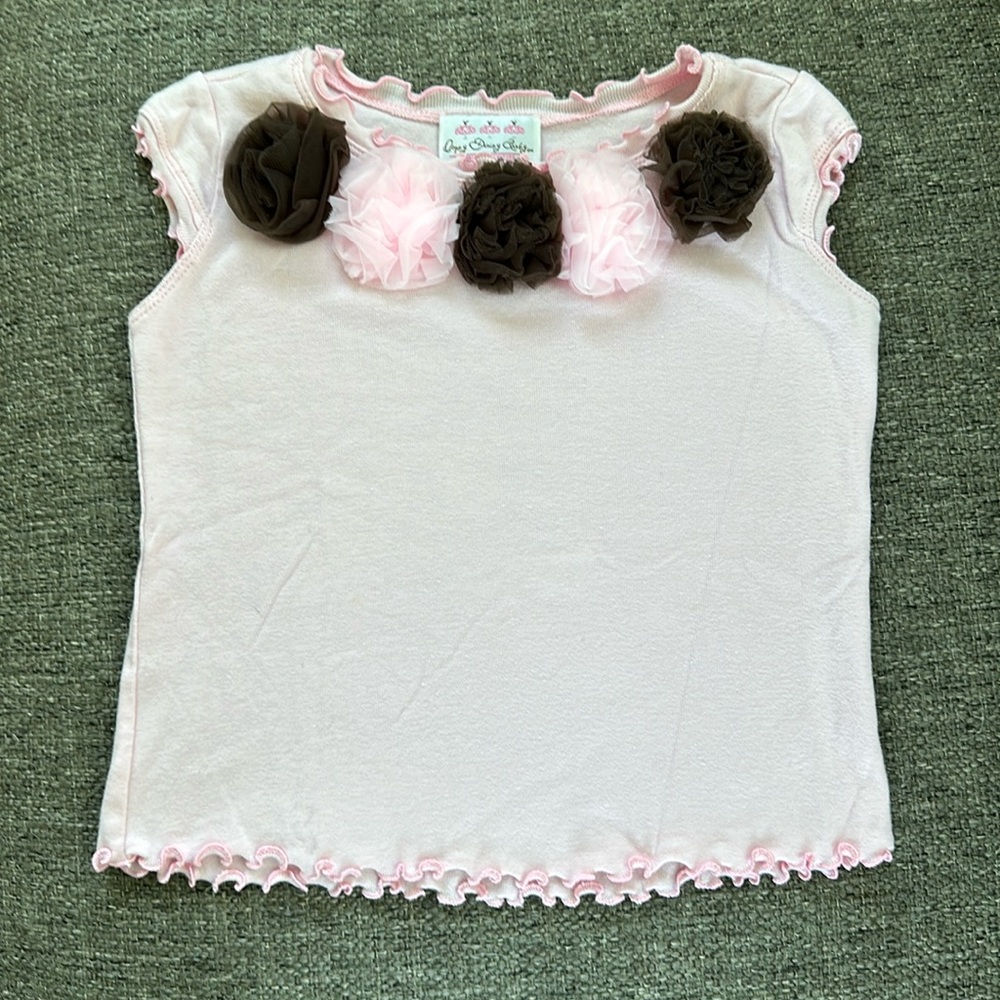 Oopsy Daisy Baby Pink Lettuce Edge Top Size 4 Chiffon Rosette Pom Accent Ribbed